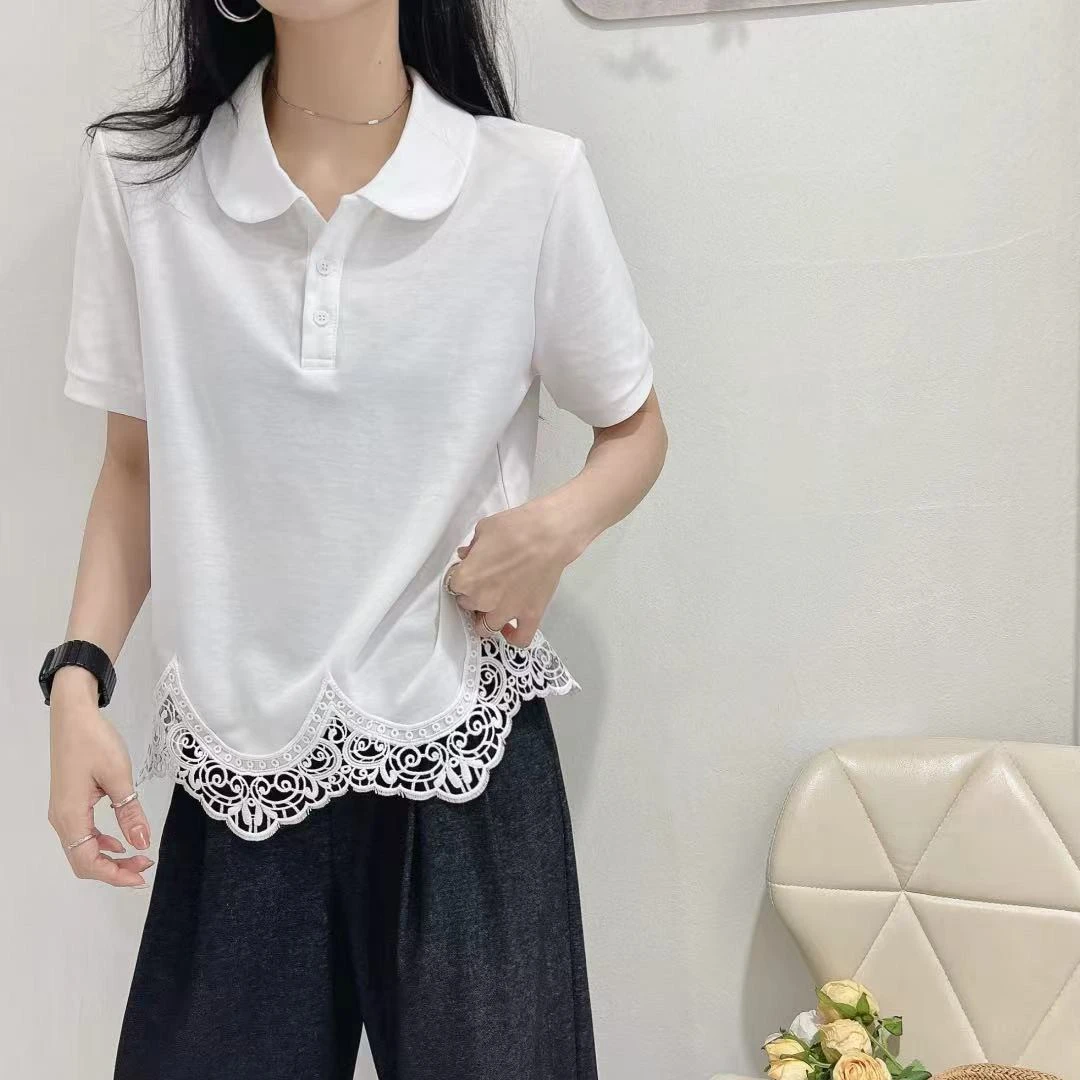 Meiky饼 洋气减龄 Polo领拼接钩花设计休闲百搭上衣 3色