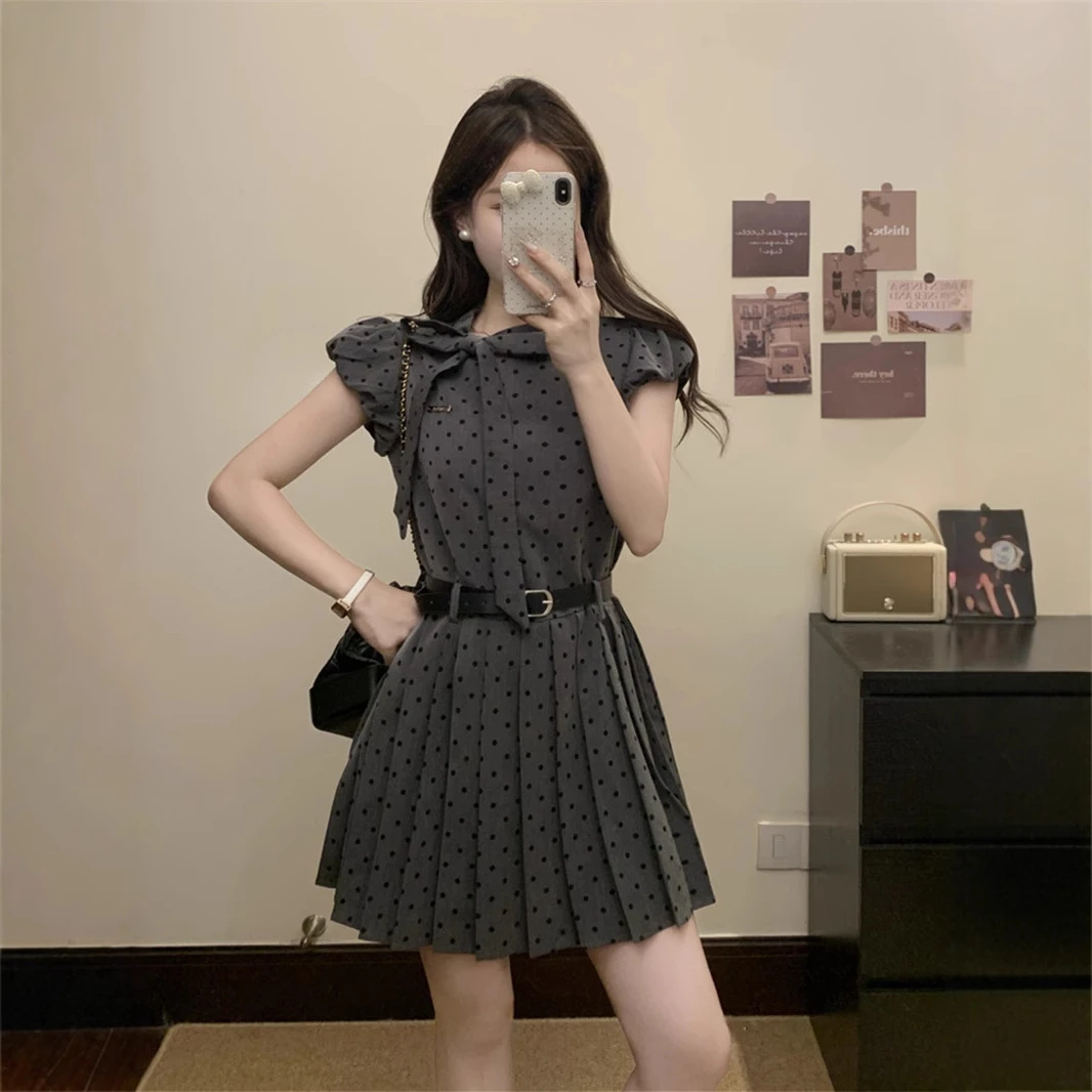 夏季翻驳领连衣裙修身短裙裙子拼接波点百褶气质纯欲时尚显瘦