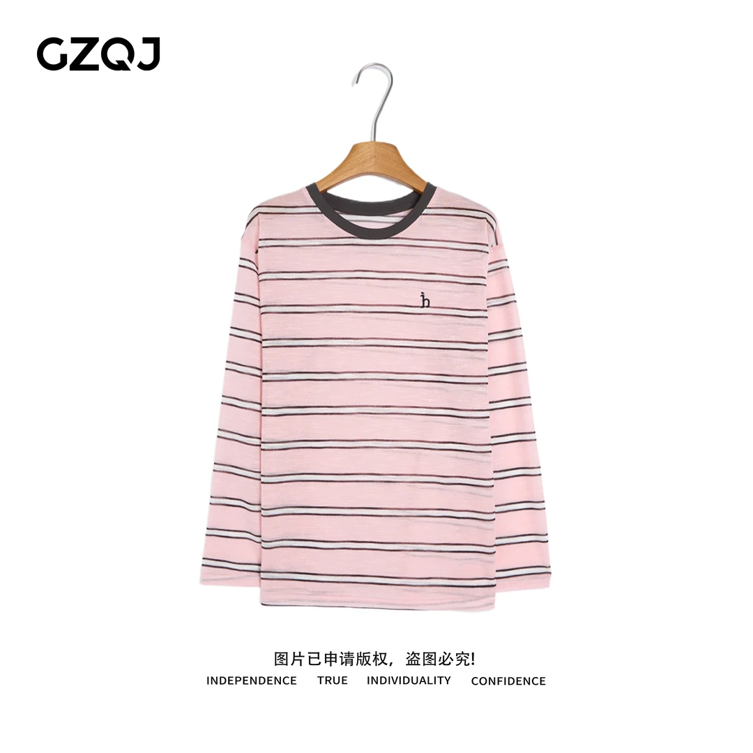 广州琴姐【粉际线】欧若风拼色条纹长袖针织圆领T恤防晒女夏季79386