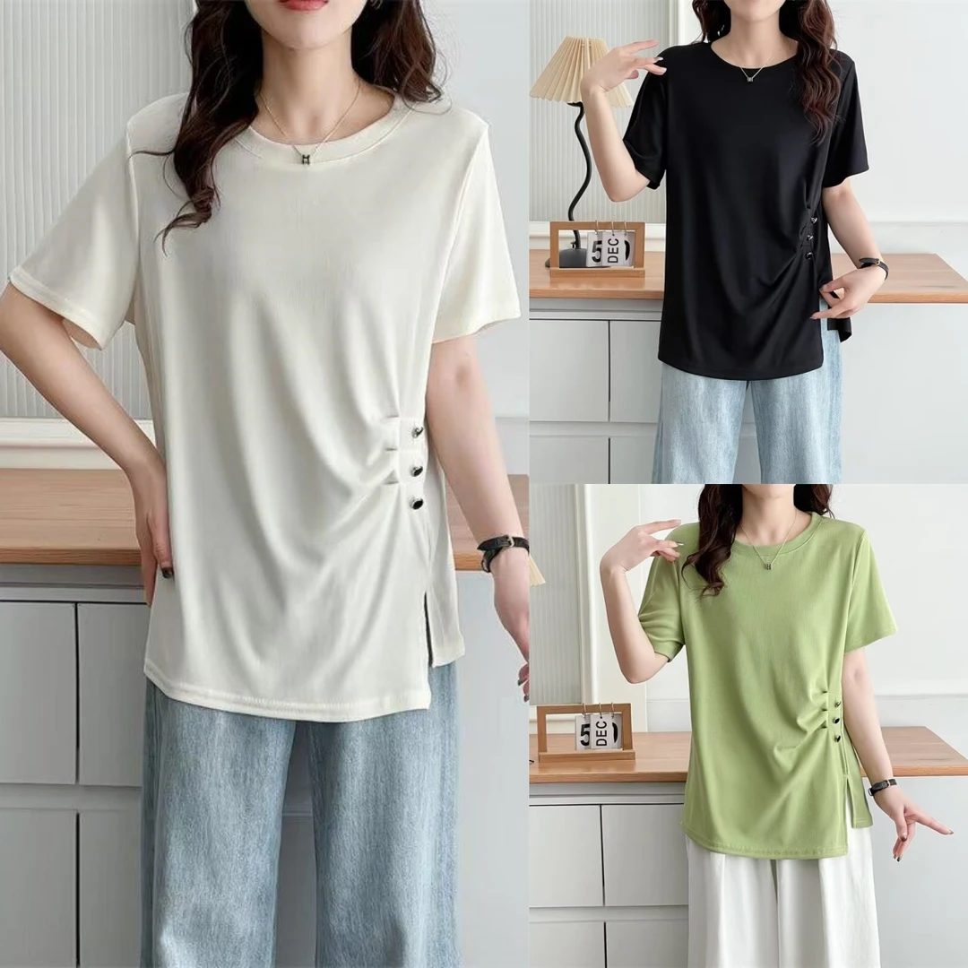 HUIZHIMEI/绘智美大码夏新款洋气显瘦设计感不规则开叉短袖t恤女