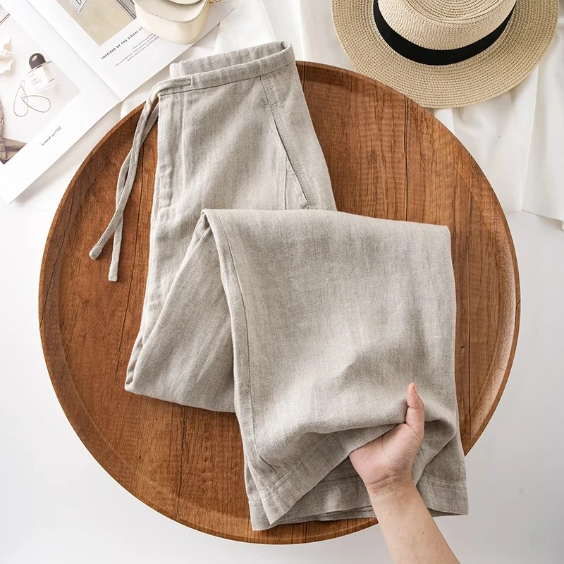 100%纯亚麻阔腿休闲裤女2025夏季新款薄款高腰垂感抽绳冰丝直筒裤