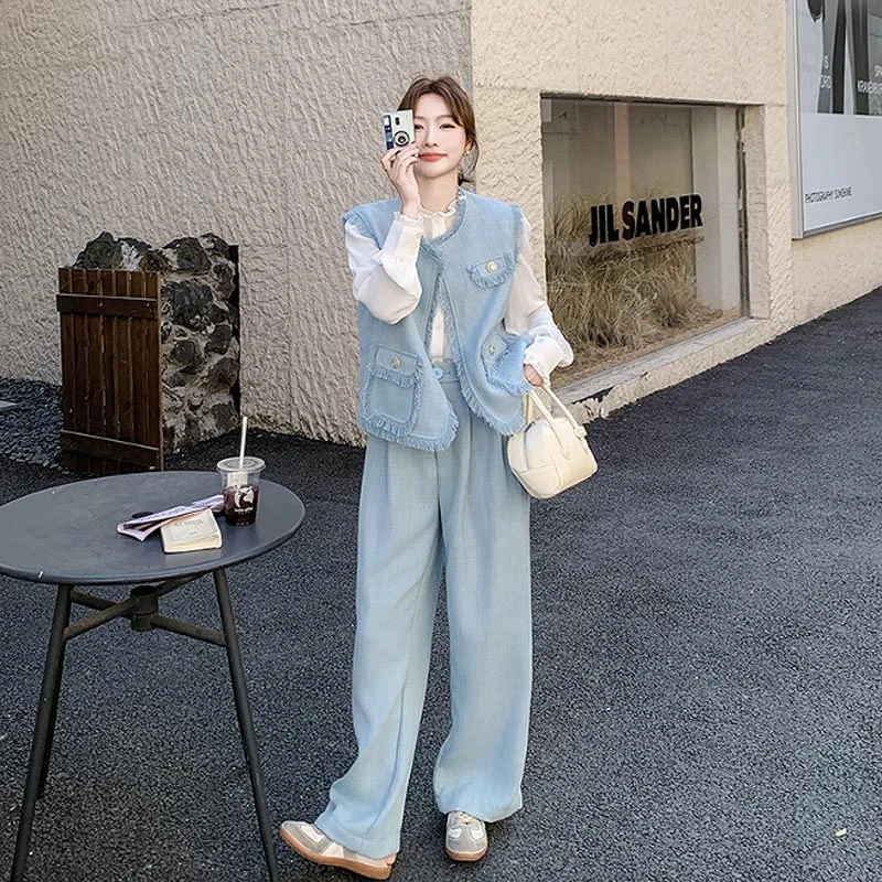 韩式小香风时尚套装女2025春秋新款宽松显瘦马甲衬衫阔腿裤三件套