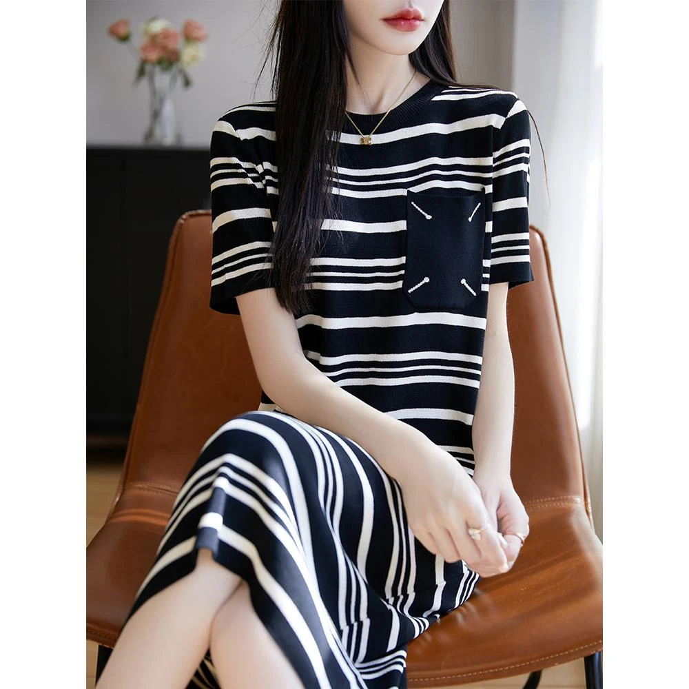 2025春夏新款圆领套头条纹假兜连衣裙女休闲减龄轻盈透气柔软T恤