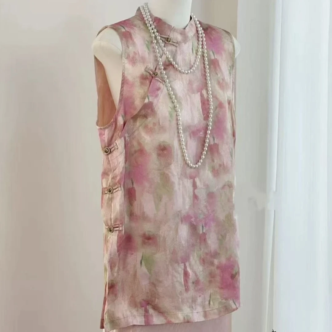 【奥黛款芍药】新中式国风开衩钉珠中长款小众风格温柔风减龄款上衣