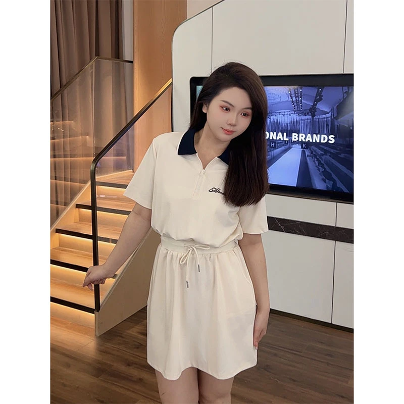 大梦微胖定制【DM540】时尚设计感气质遮肚显瘦翻领短袖连衣裙