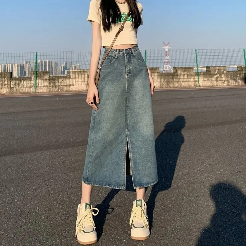 牛仔半身裙女春季高腰2025新款复古直筒宽松显瘦a字中长款8381