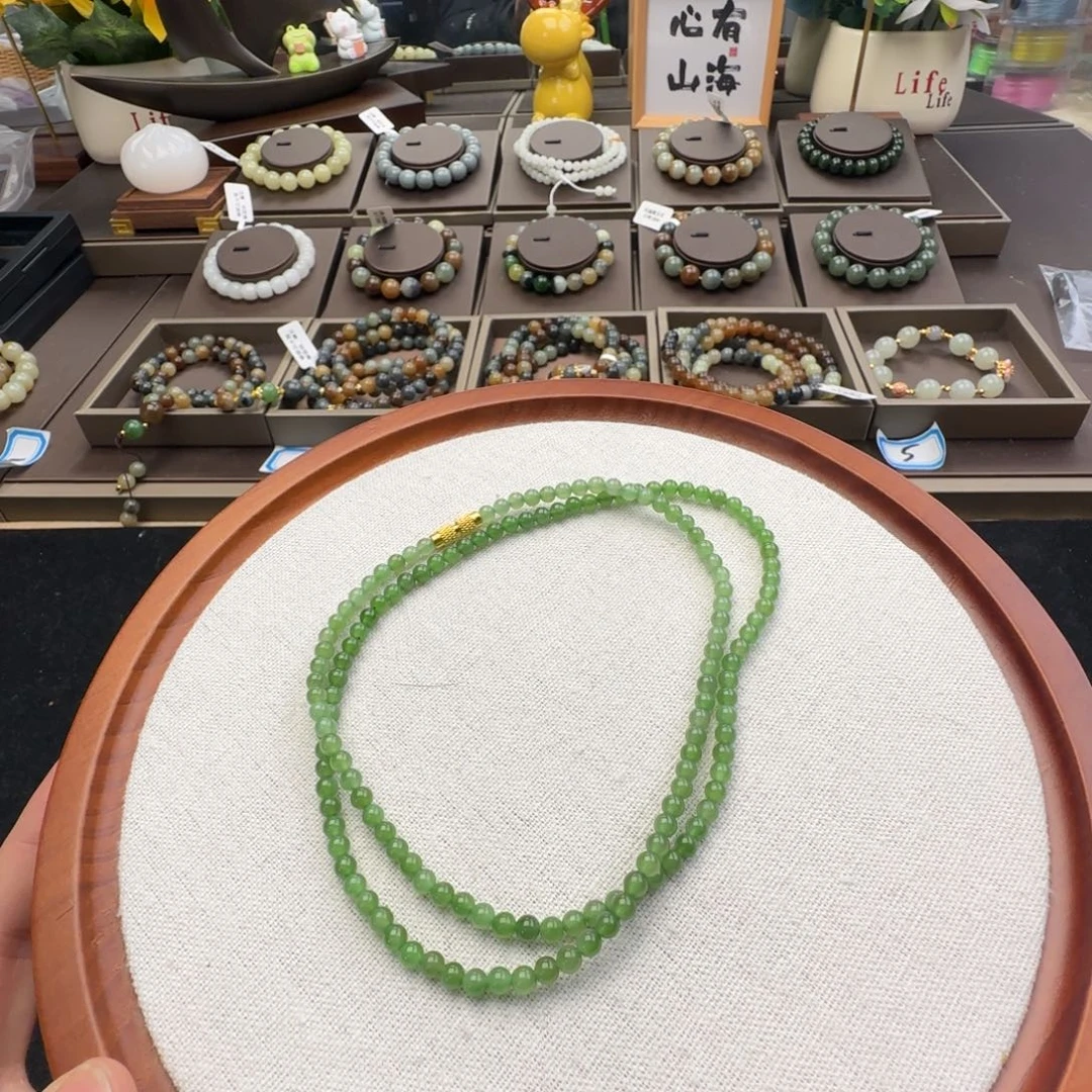 和田玉未镶嵌手链卡4正绿色小米链无黑点，33