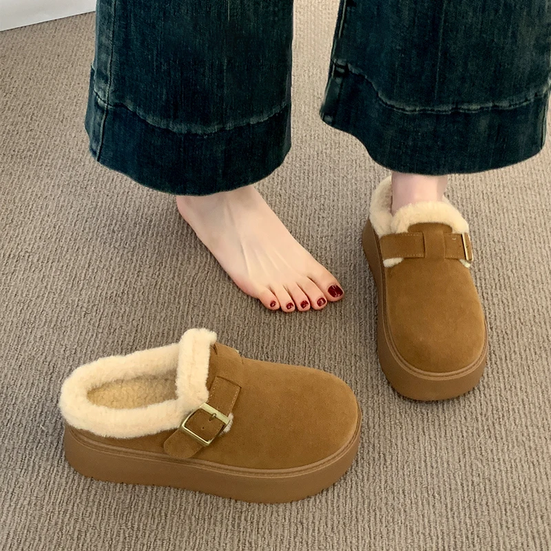 毛毛拖鞋女外穿2025新款秋冬加绒包头棉拖鞋厚底勃肯半拖雪地靴女