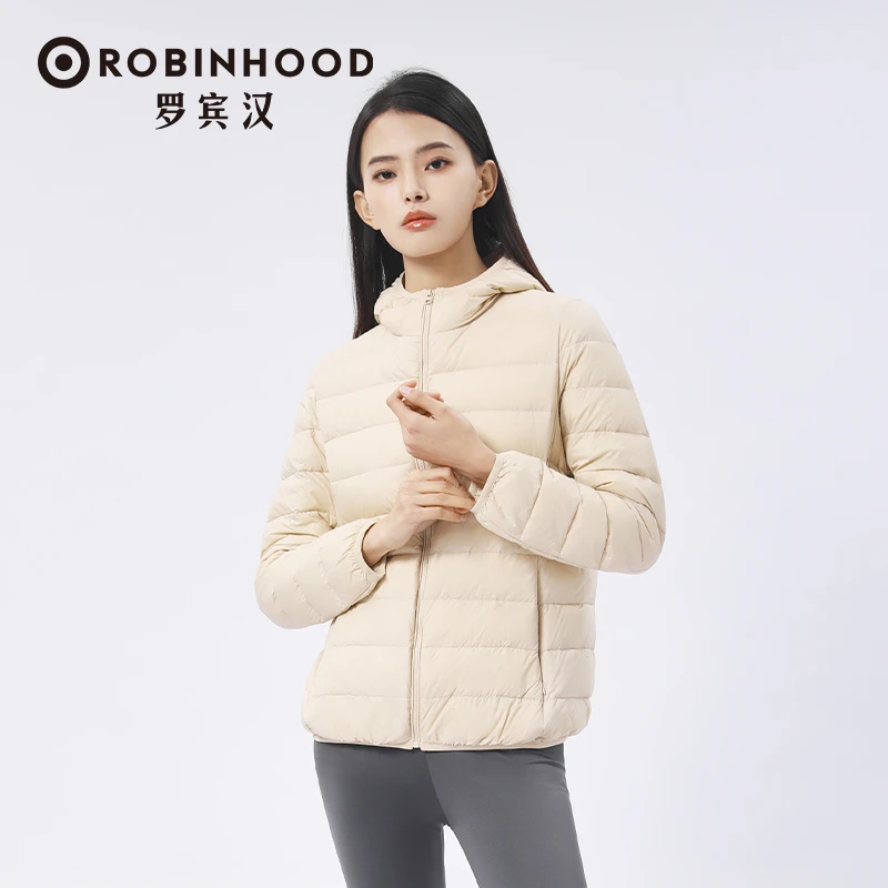 罗宾汉居家保暖休闲时尚女士轻薄欧若风白鸭绒羽绒服连帽户外衣服