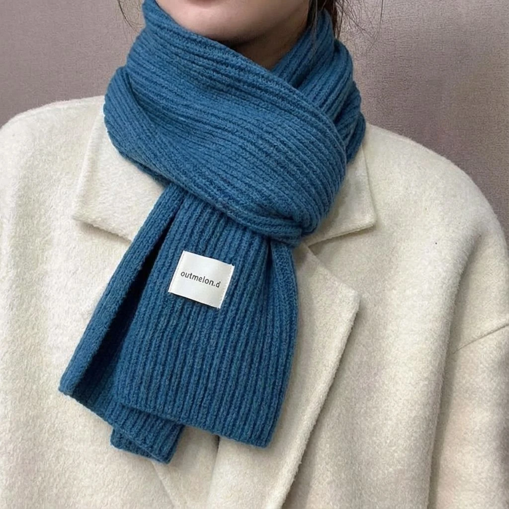 秋冬竖坑条针织围巾女贴标百搭保暖通勤蓝调时尚柔暖质感休闲围脖