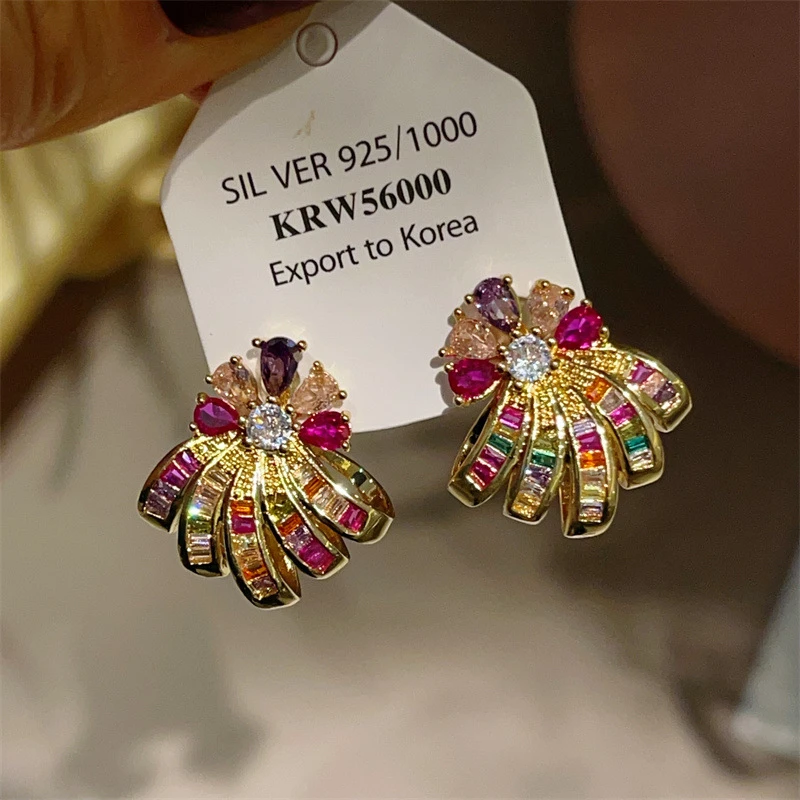 铜合金锆石耳饰 精致彩色微镶锆石花朵耳环气质轻奢时尚百搭耳钉