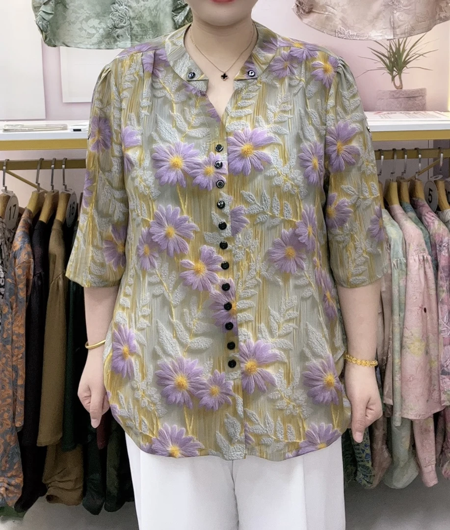 8026小雏菊叠领排扣气质五分袖套头衬衫