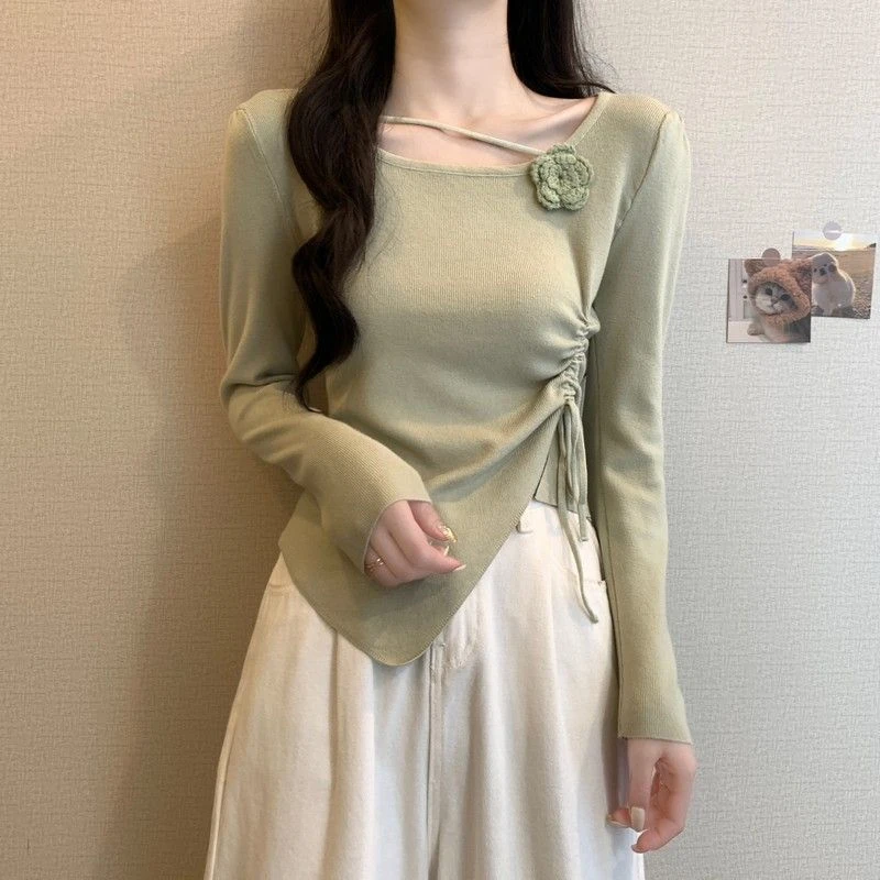 长袖T恤2024新款设计感抽绳收腰不规则别致立体玫瑰花修身针织衫