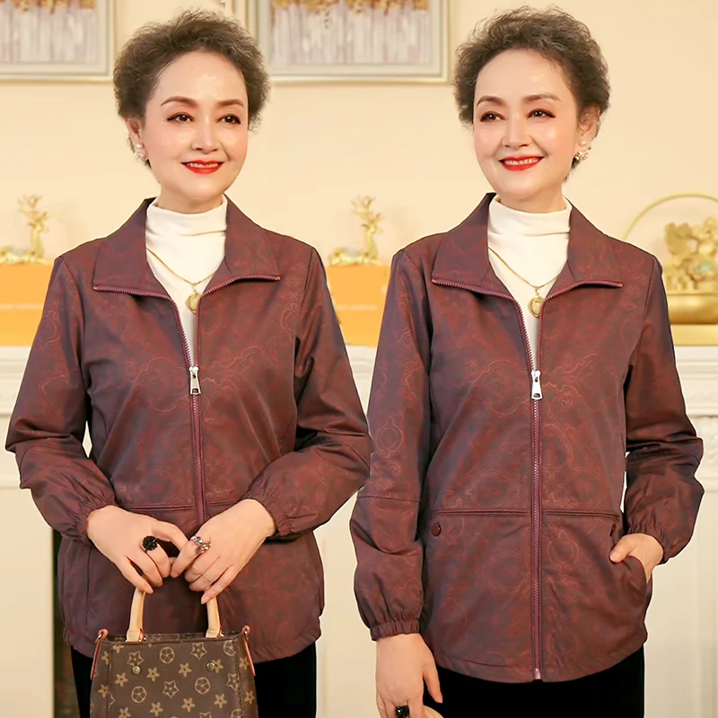 新款妈妈装洋气翻领外套中老年人秋装宽松女装上衣春秋时尚夹克