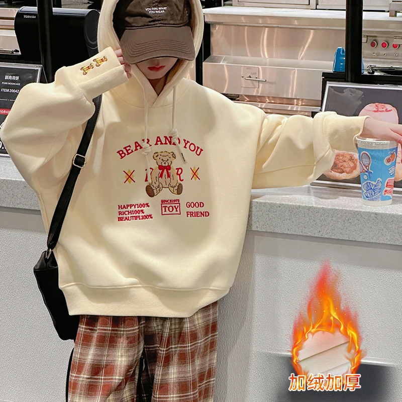 女大童秋冬装加绒卫衣2025新款初中生女孩韩版加厚连帽外套上衣潮