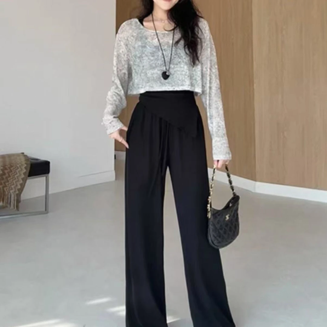 宽肩带不规则显瘦背心搭配扎染罩衫与直筒裤早秋新款