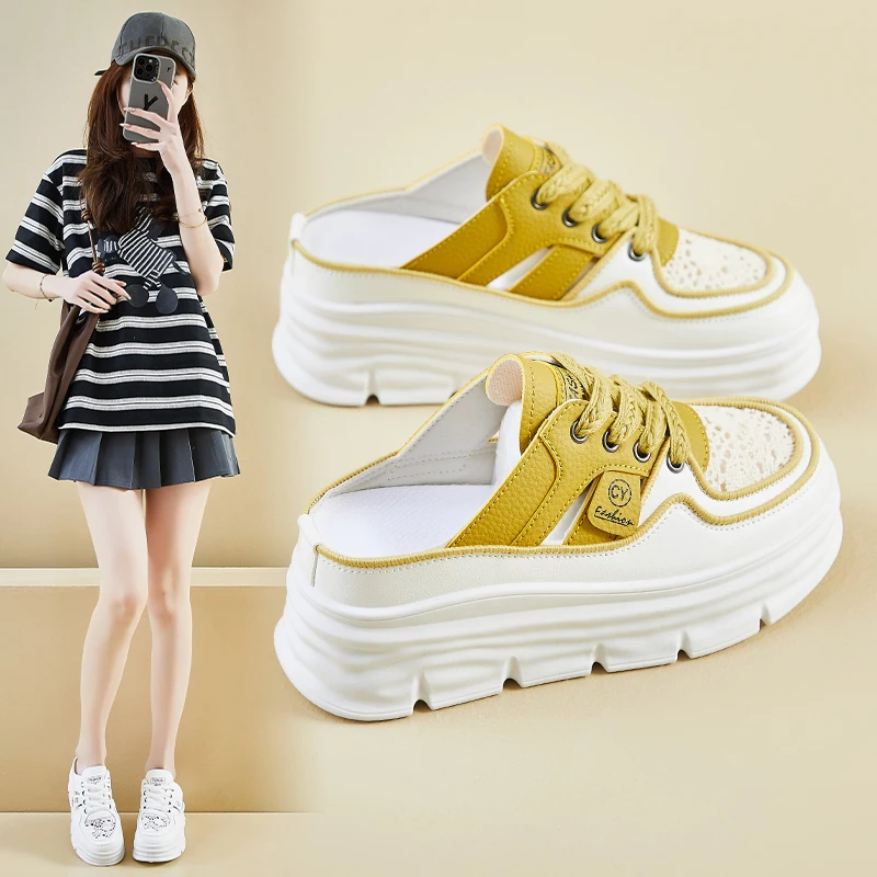 2025春夏季新款爆款小个子半拖网红厚底拼色透气休闲鞋百搭女鞋