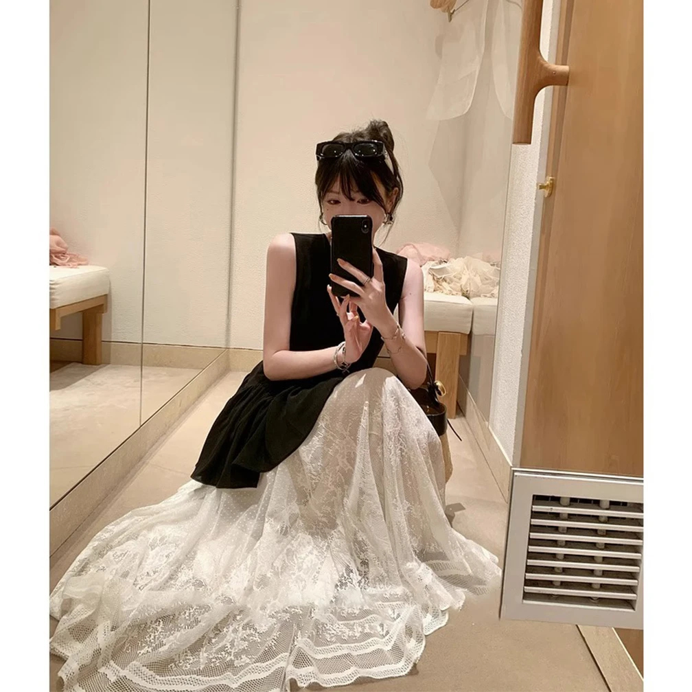 法式赫本风套装女夏季黑色无袖上衣气质新款蕾丝半身裙一整套ootd