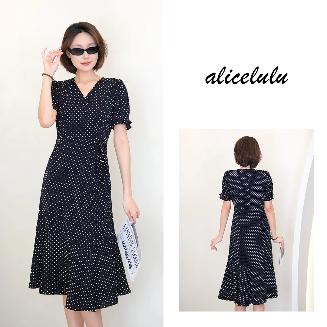 [alicelulu] 时尚波点V领连衣裙女设计感褶皱鱼尾裙S1035036V