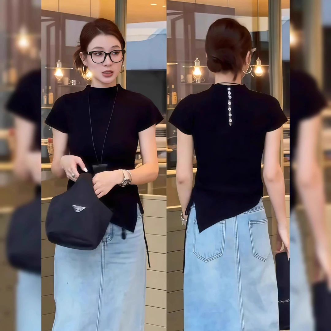 黑色短袖t恤打底衫女夏季新款韩系chic设计感两穿独特绝美小上衣