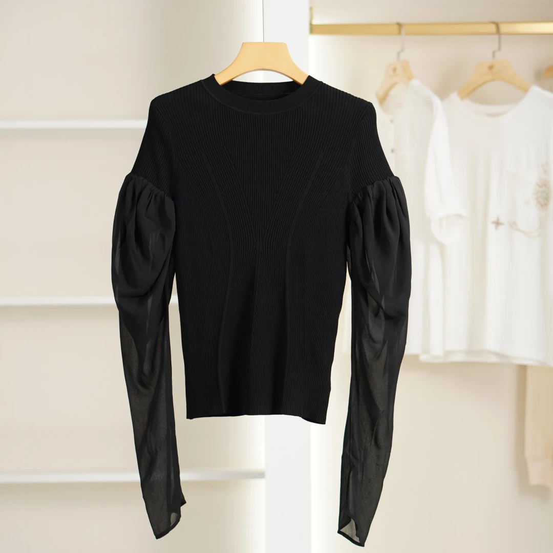 麦迪尚品【H】K1188春秋设计感高级轻奢针织拼接上衣优雅气质小衫