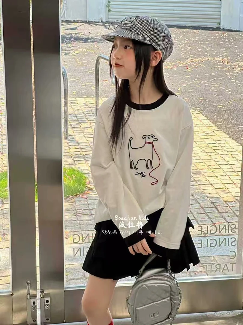 BORAHANKIDS钱够了-长袖+青团子-百褶裙2025秋装儿童洋气打底衫