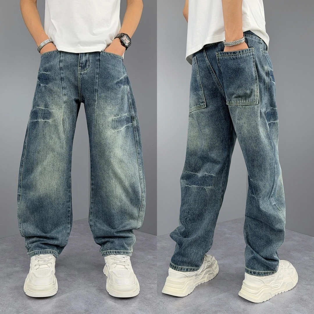美式休闲阔腿牛仔裤秋季男士百搭时尚直筒裤重磅宽松痞帅哈伦长裤