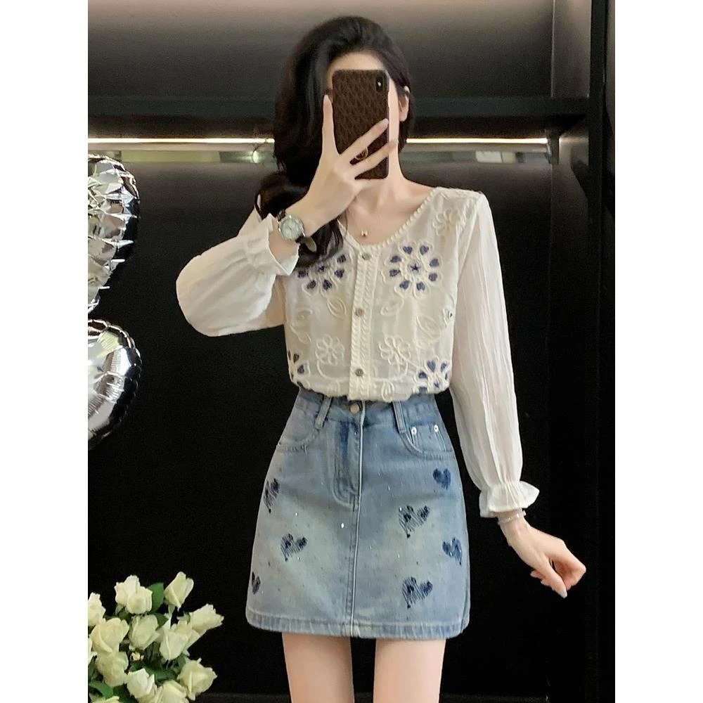 清纯系夏日穿搭套装女减龄气质韩系绝美衬衫高腰牛仔半身裙两件套