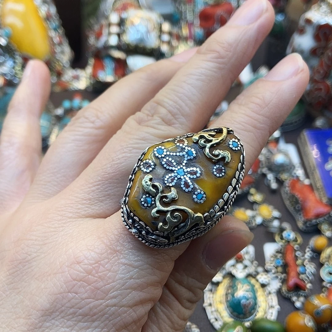 蜜蜡银S925镶嵌戒指坤尼泊尔手工制作