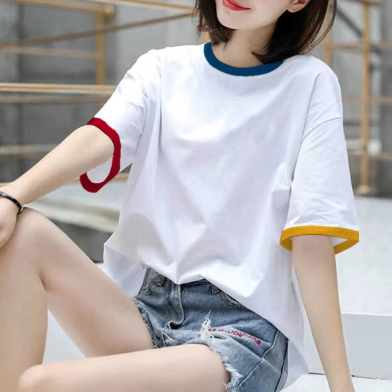 100%棉拼色短袖T恤女2025夏装新款爆款宽松韩版百搭打底衫上衣