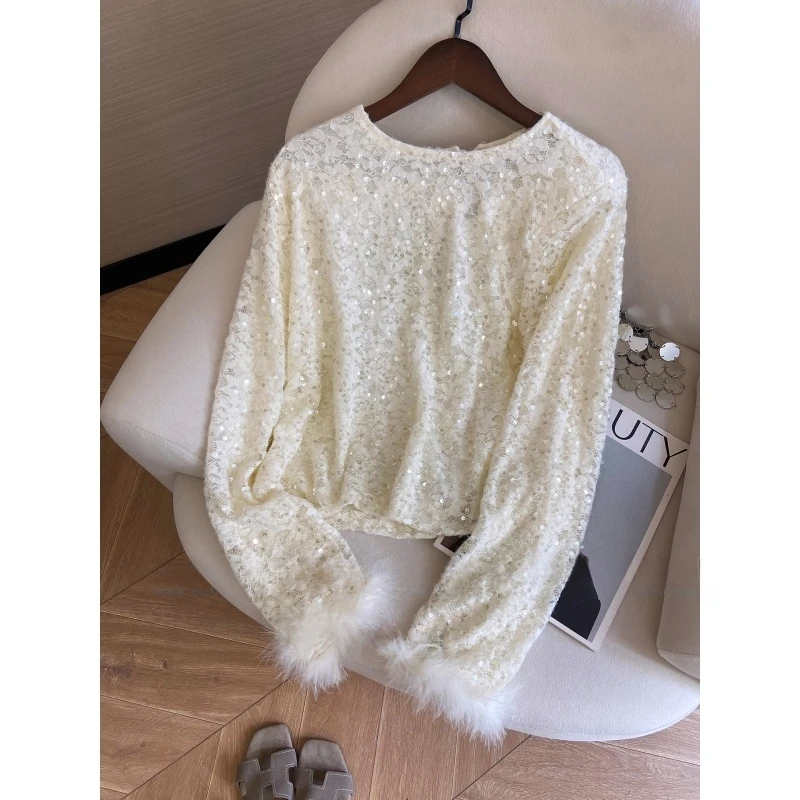 固质设计感亮片拼接毛绒袖边垫肩长袖T恤女2025秋冬百搭时尚上衣