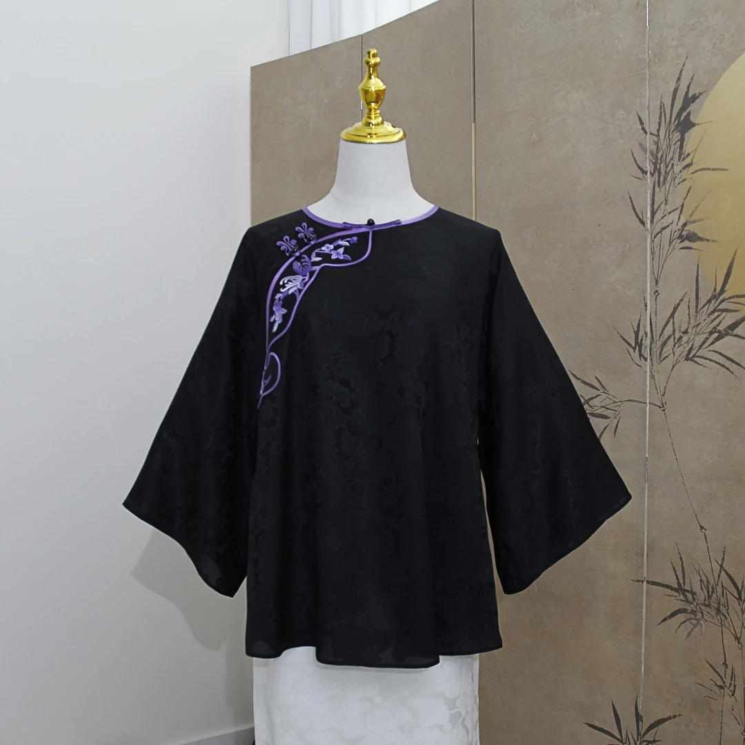 【京绣】国风新中式女装 非遗手工刺绣圆领偏襟设计 花罗绣花上衣