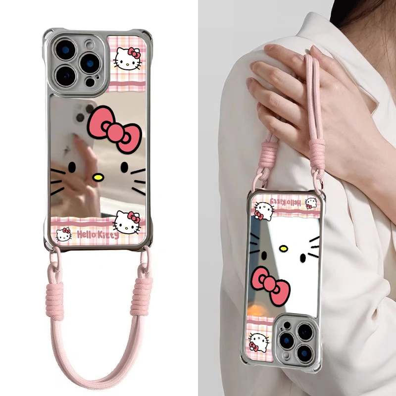 凯蒂猫ins风电镀镜面四角挂绳适用苹果16pro华为vivo小米手机壳