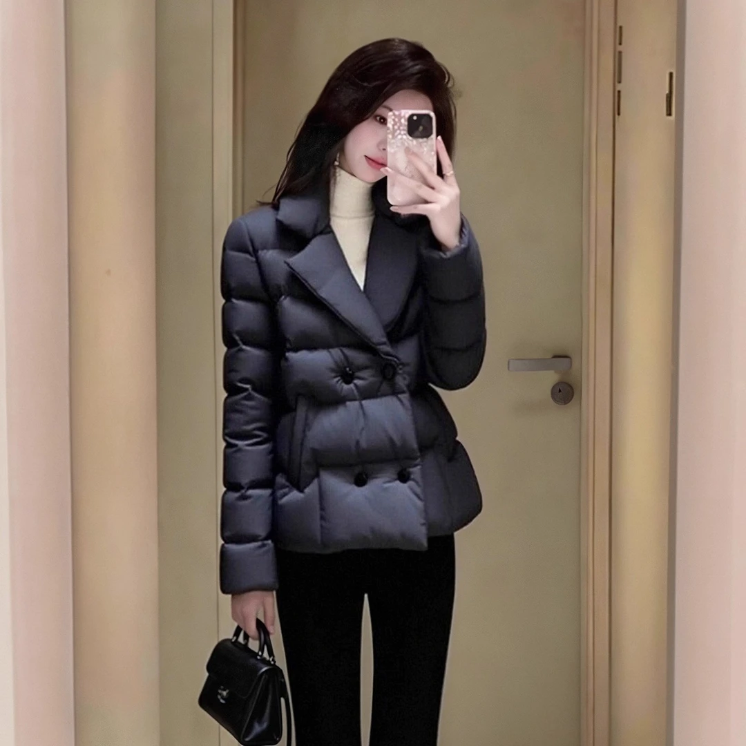 2026秋冬加绒加厚羽绒棉服女新款西装领双排扣收腰保暖棉衣厚外套