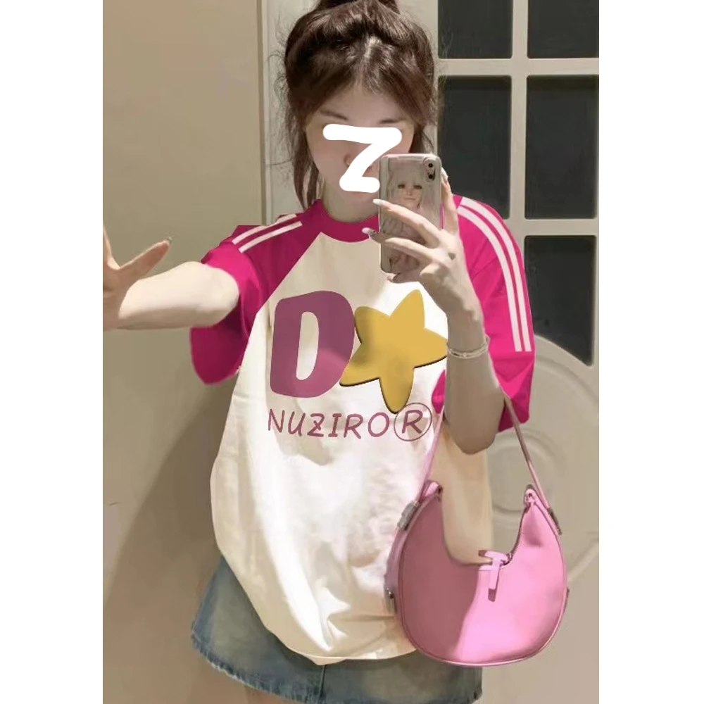 纯棉三条杠短袖t恤女2025新款爆款夏季多巴胺穿搭宽松慵懒风上衣