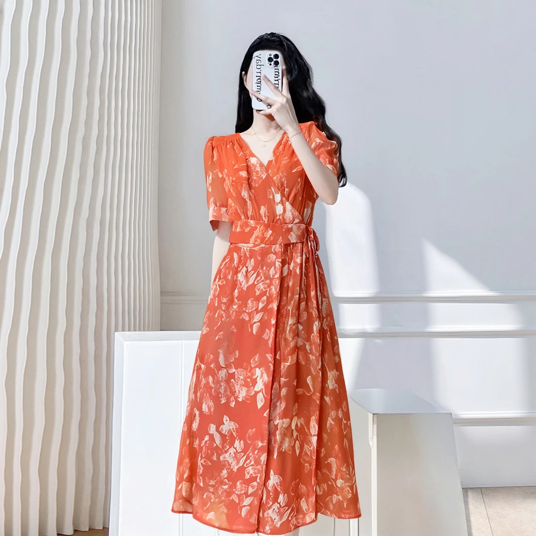 【有里布】2025夏季新款气质法式长裙收腰V领连衣裙D1543
