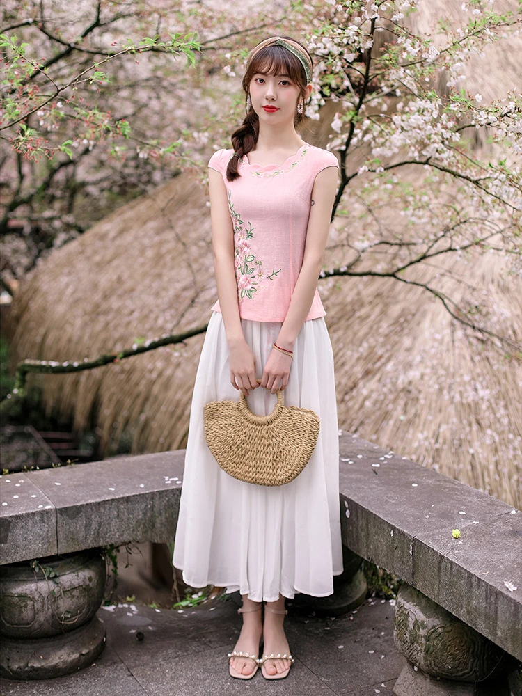 【2293  桃花刺绣 粉色 低领小上衣 】显瘦气质修身优雅中国风旗袍