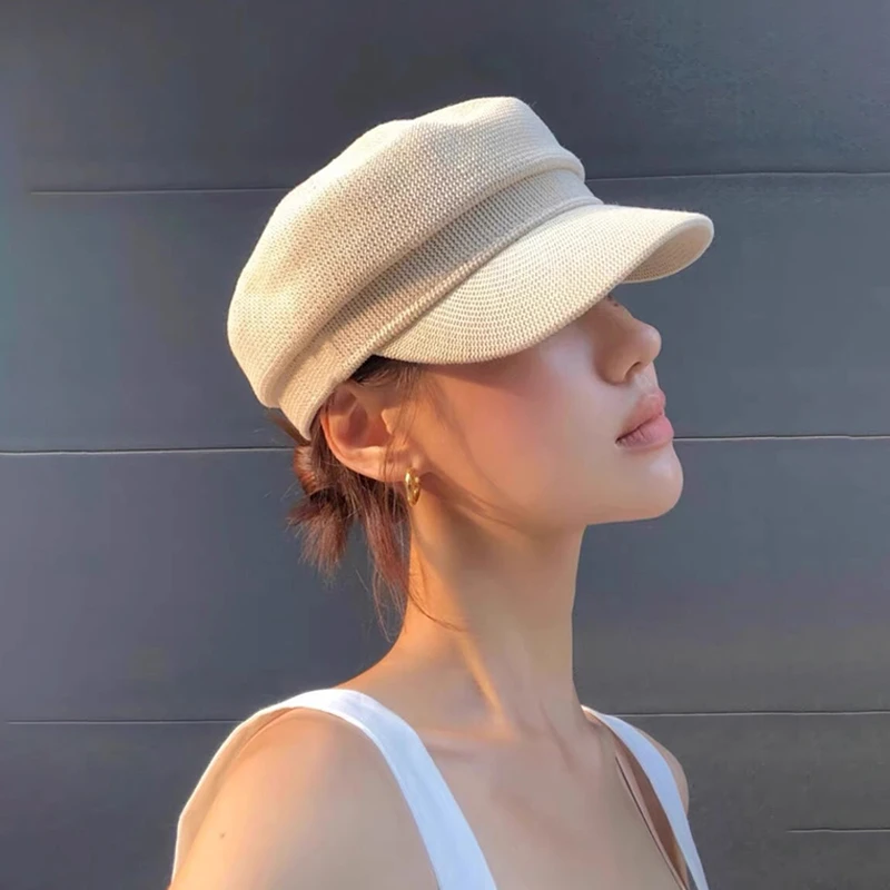 镂空编织报童帽女春夏法式薄款透气八角帽子平顶宽檐显脸小马术帽