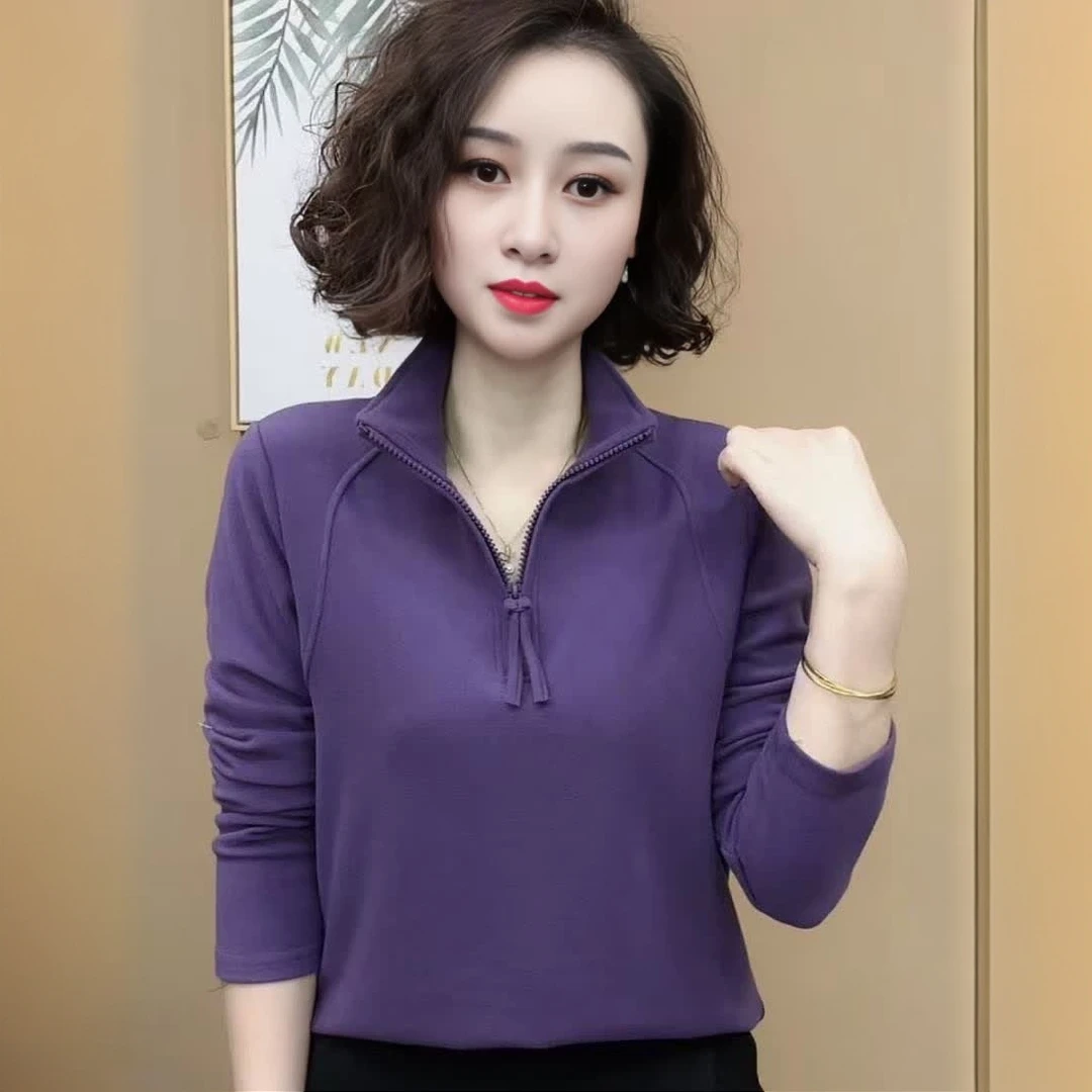2025春季新款加绒加厚半拉链打底上衣时尚洋气简约大方