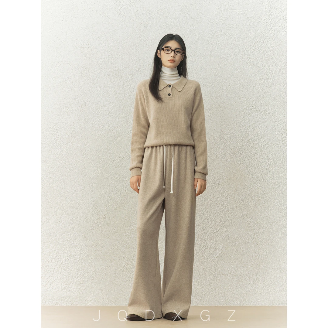 杏色加绒裤子女款冬季抽绳宽松休闲裤高腰垂感阔腿裤25DK7942