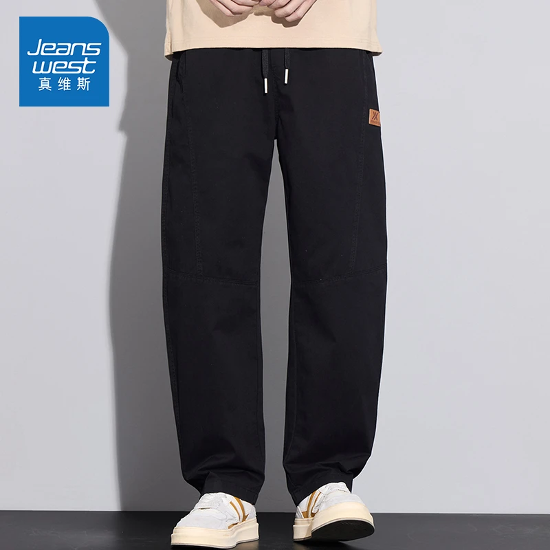 Jeanswest/真维斯男士潮牌拼接休闲裤夏季宽松纯棉直筒百搭裤子男