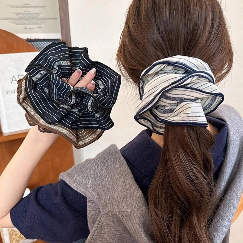 BDN~法式复古条纹双层大肠发圈女高级感低马尾扎发绳韩系绑橡皮筋