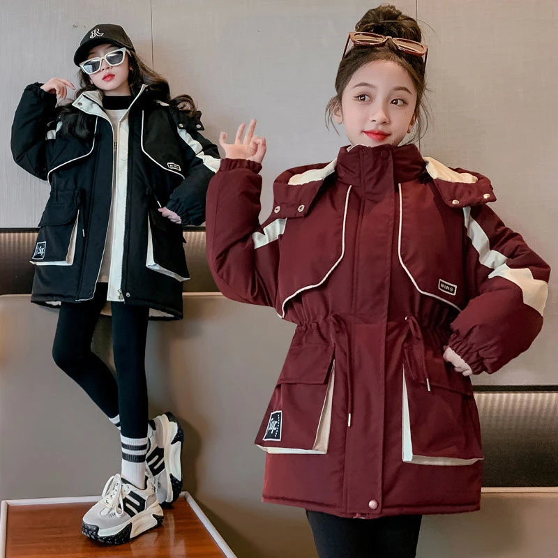 女中大童加绒加厚派克服棉服外套冬装2025新款儿童中长款洋气棉衣
