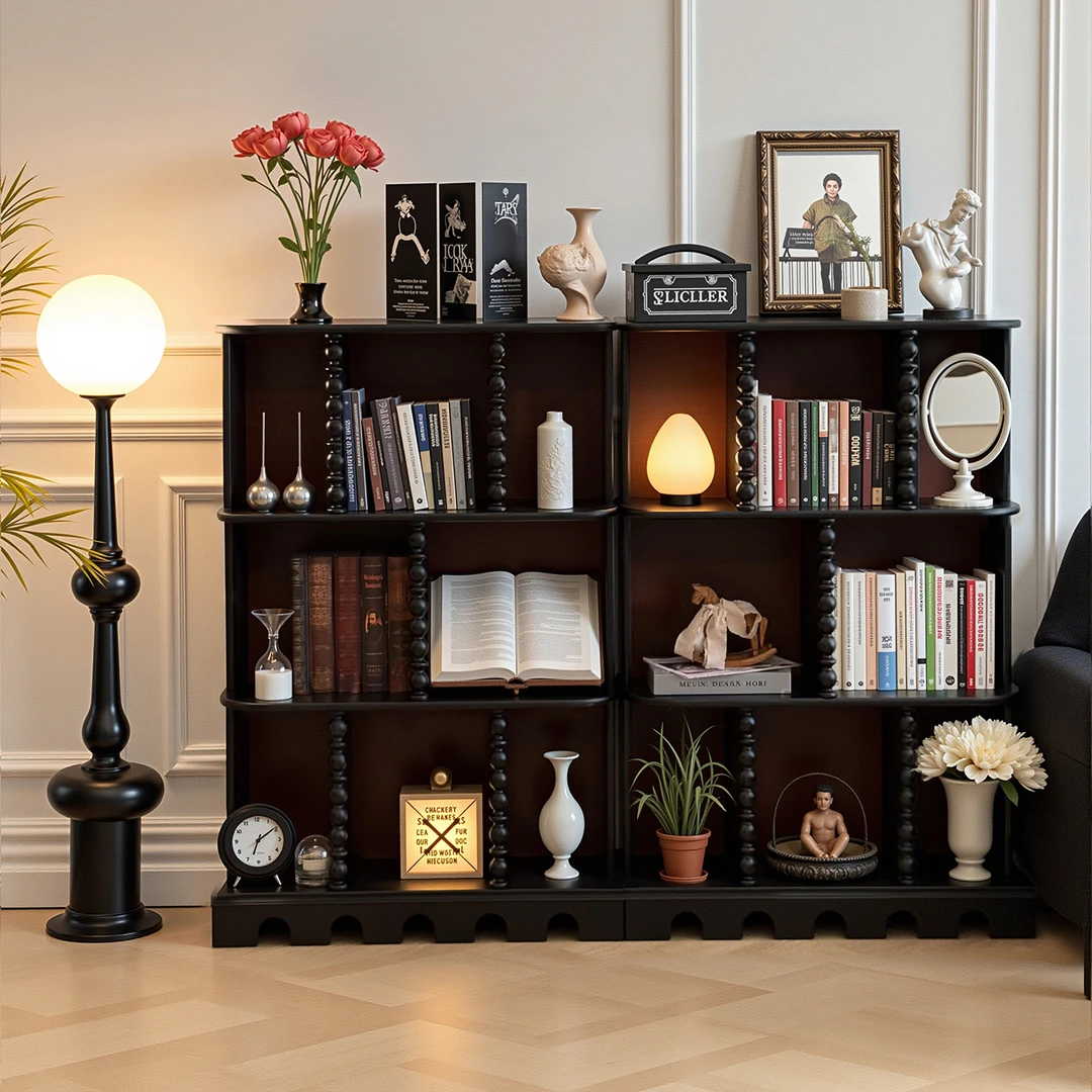 法式复古风实木书柜中古风半墙落地组合书架沙发置物边柜展示柜