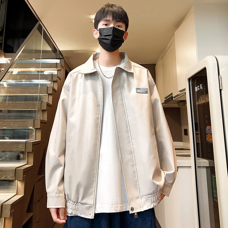 白色pu皮衣外套男春秋新款美式复古痞帅宽松高级感夹克机车服上衣