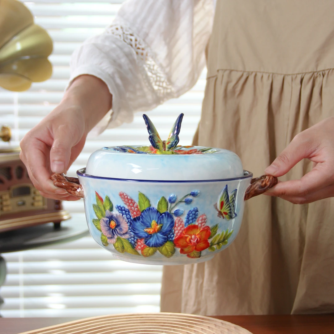 出口外单陶瓷【蝶恋花】双耳汤锅手绘浮雕釉下彩【不可明火！！！】