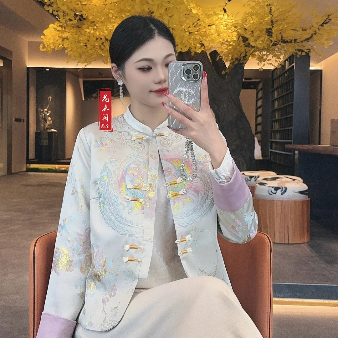 【胭凤】2025新款春季新中式上衣宽松复古国风绣花圆领女装气质外套