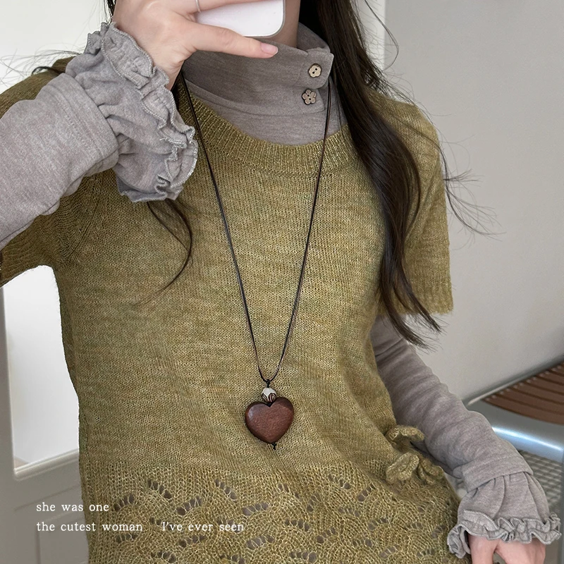 非金属木质吊坠 爱心吊坠项链女款编绳锁骨链长款配饰毛衣链饰品