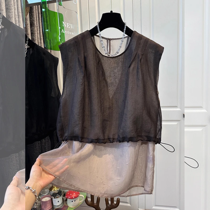 新中式夏季新品无袖纱网假两件蕾丝微透衬衫宽松抽绳上衣简约显瘦