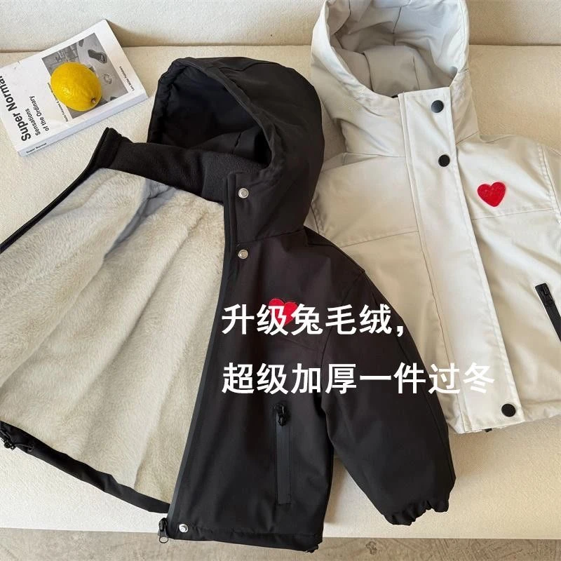 儿童外套冬季新款2025男童连帽防水冲锋衣宝宝加绒加厚保暖风衣潮